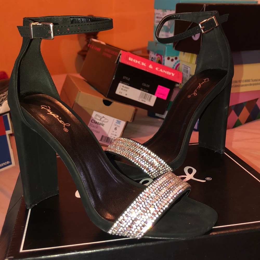 black and a strip of diamonds heels
